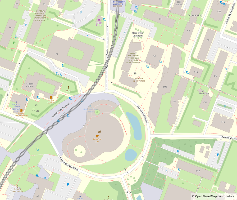 Plan du campus Cité Scientifique incluant les bâtiments de la Faculté des sciences économiques, sociales et des territoires (FaSEST) et la bibliothèque Lilliad