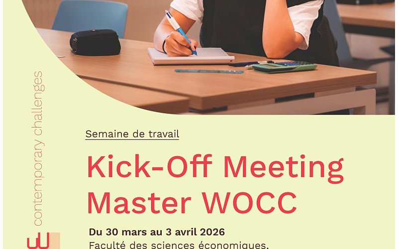 Affiche de la semaine de travail du Master WOCC montrant une photo d'une étudiante en cours et les logos du Master, des partenaires et de la Commission européenne.